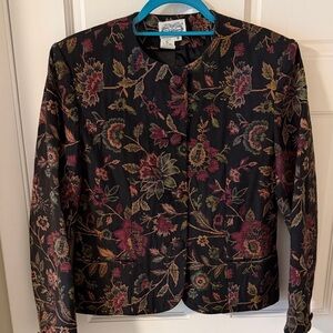 VINTAGE The Villager Black Floral Tapestry Collarless Blazer Size 8